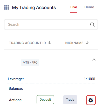 HFM Client Area on a phone: a trading account row opened under My Trading Accounts, showing Leverage 1:1000, with the gear icon framed in red
