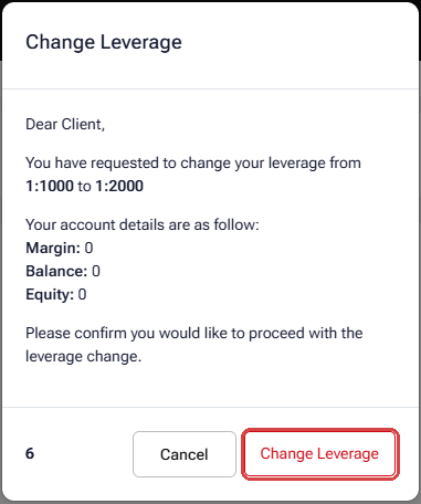 HFM confirmation window: change the leverage from 1:1000 to 1:2000, with a countdown and the Change Leverage button framed in red
