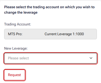 HFM Change Leverage screen: the trading account with its current leverage 1:1000, the New Leverage list and the Request button framed in red