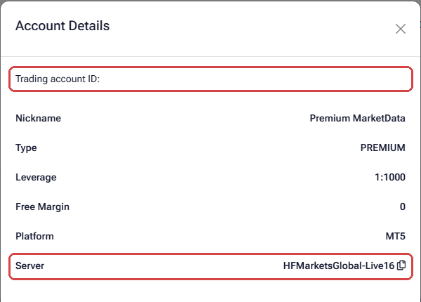 HFM Account Details window: Trading account ID, Nickname, Type PREMIUM, Leverage 1:1000, Platform MT5 and Server HFMarketsGlobal-Live16 with a copy icon, the ID and the server framed in red