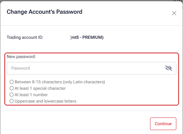 HFM Change Account's Password window: only a New password field, with the rules between 8 and 15 Latin characters, at least 1 special character, at least 1 number, upper and lower case letters, and a Continue button