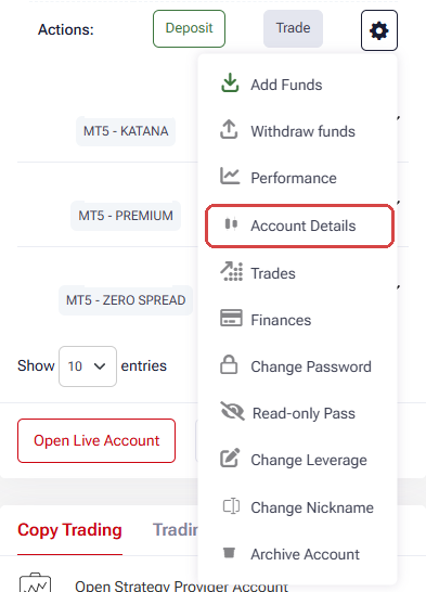 HFM Client Area gear menu of a trading account, with Account Details framed in red