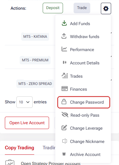HFM Client Area gear menu of a trading account, with Change Password framed in red