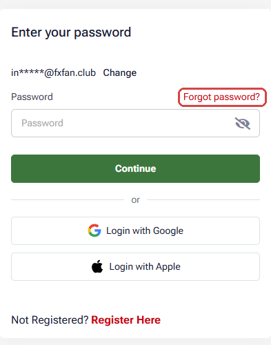 The second HFM sign-in screen on a phone: Enter your password, the Password field with Forgot password? framed in red, the green Continue button, Login with Google and Login with Apple
