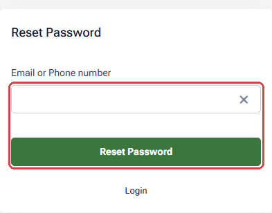 The HFM Reset Password page on a phone: the Email or Phone number field and the green Reset Password button framed in red