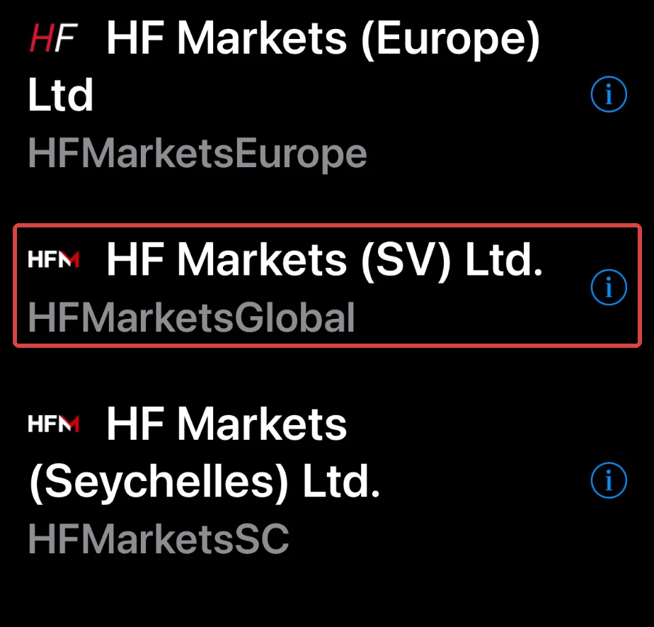 MT5 app broker search for hfm: HF Markets (Europe) Ltd with HFMarketsEurope, HF Markets (SV) Ltd. with HFMarketsGlobal framed in red, and HF Markets (Seychelles) Ltd. with HFMarketsSC