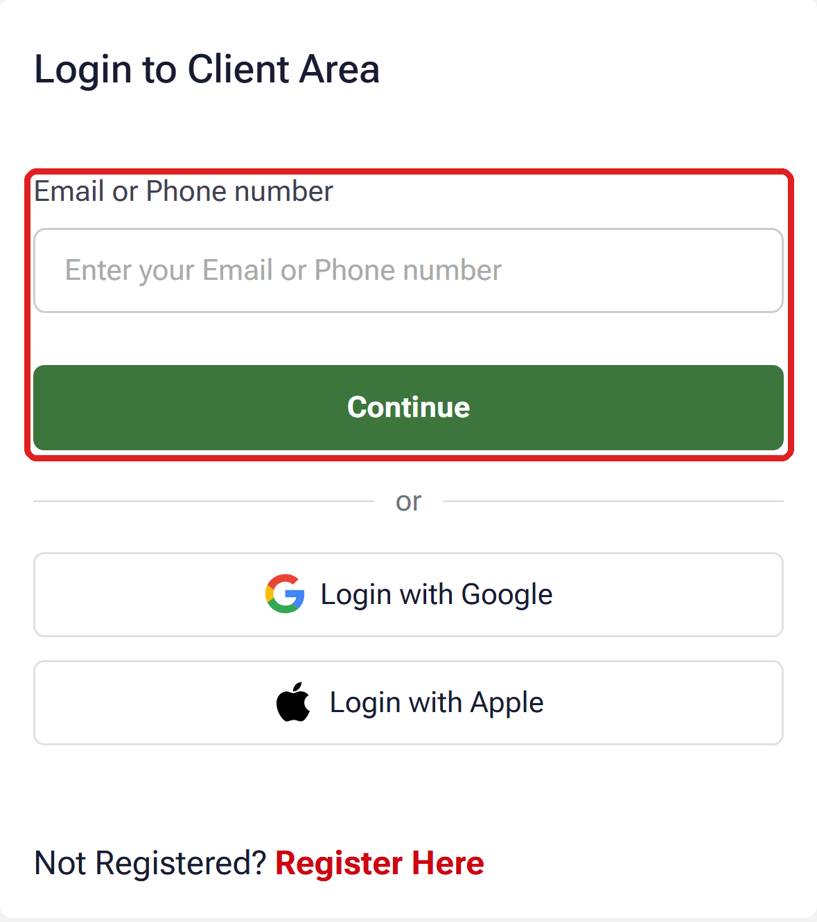 The HFM sign-in page on a phone: Login to Client Area, the Email or Phone number field and the green Continue button framed in red, then Login with Google, Login with Apple and Register Here
