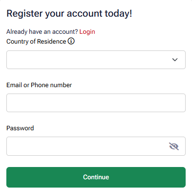 HFM registration form on a phone opened from the ForexFanClub link, with country, email and password and no partner code row