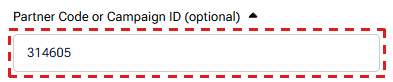Partner Code or Campaign ID field on the HFM registration form showing 314605