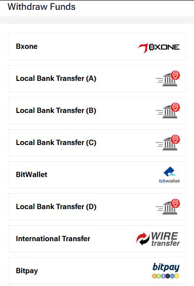 HFM Withdraw Funds screen on a phone listing the withdrawal methods, including local bank transfers, International Transfer and Bitpay