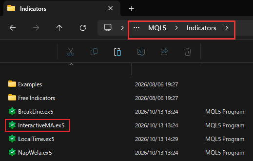 ภาพภาษาอังกฤษ: ไฟล์ InteractiveMA.ex5 ในโฟลเดอร์ MQL5 Indicators ของ MT5