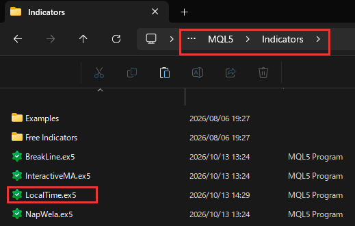 ภาพภาษาอังกฤษ: ไฟล์ LocalTime.ex5 ในโฟลเดอร์ MQL5 Indicators ของ MT5