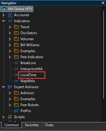 ภาพภาษาอังกฤษ: LocalTime ใต้ Indicators ใน Navigator ของ MT5