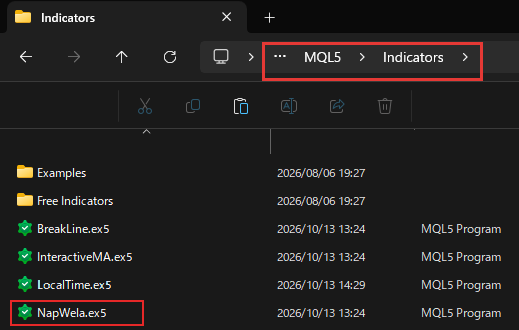 ภาพภาษาอังกฤษ: ไฟล์ NapWela.ex5 ในโฟลเดอร์ MQL5 Indicators ของ MT5