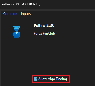 ภาพภาษาอังกฤษ: ติ๊ก Allow Algo Trading ในแท็บ Common ของ PidPro 2.30