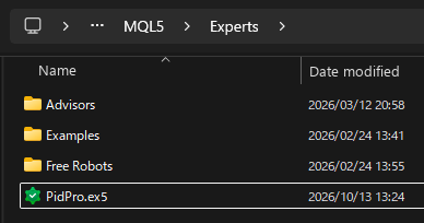 ภาพภาษาอังกฤษ: PidPro.ex5 ที่คัดลอกไปไว้ในโฟลเดอร์ MQL5 Experts