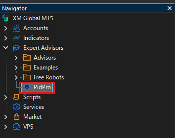 ภาพภาษาอังกฤษ: PidPro ใต้ Expert Advisors ใน Navigator ของ MT5