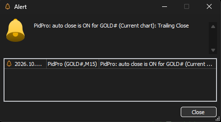 ภาพภาษาอังกฤษ: การแจ้งเตือนของ MT5 หลังรีสตาร์ท PidPro auto close เป็น ON สำหรับ GOLD# (Current chart): Trailing Close