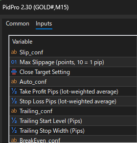 ภาพภาษาอังกฤษ: หน้าต่างการตั้งค่า PidPro ใน MT5 แท็บ Inputs
