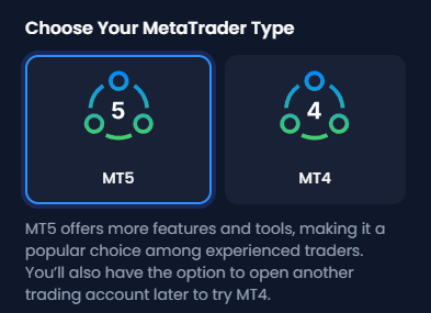 XM Choose Your MetaTrader Type screen with MT5 and MT4