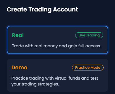XM Create Trading Account panel with the Real and Demo choices