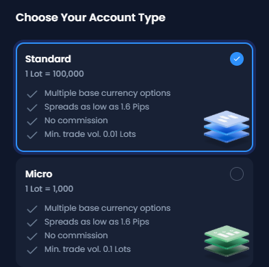 XM Choose Your Account Type screen with Standard and Micro, the lot size and the minimum trade