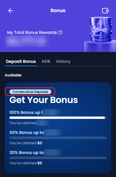 หน้า Bonuses ของ XM แสดงโบนัสเงินฝาก 3 ขั้น และป้าย Consecutive Deposits ในกรอบสีแดง