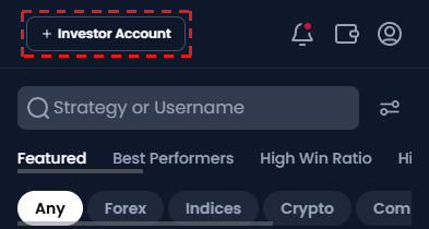 XM Copy Trading strategy list on a phone, with the + Investor Account button framed in red