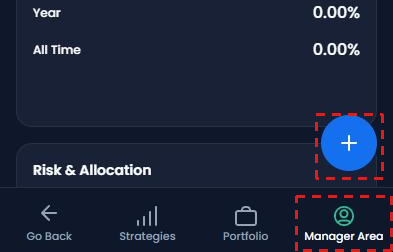 XM Copy Trading Manager Area on a phone, with the + button and Manager Area in the bottom menu framed in red