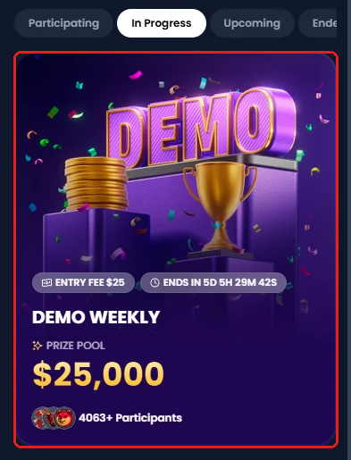 XM Competitions page, In Progress, with the Demo Weekly card framed in red
