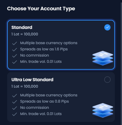 หน้าจอ Choose Your Account Type ของบัญชี Demo XM มีการ์ด Standard และ Ultra Low Standard
