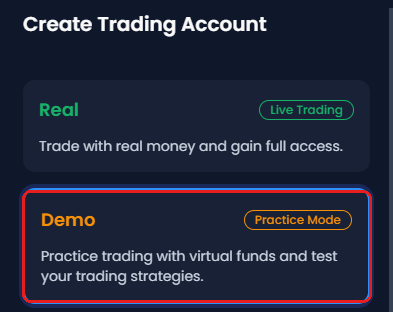 หน้าจอ Create Trading Account ของ XM กรอบสีแดงคือการ์ด Demo