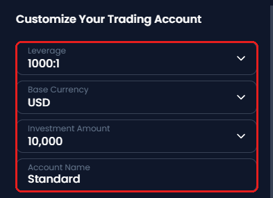 หน้าจอ Customize Your Trading Account ของ XM กรอบสีแดงคือ Leverage, Base Currency, Investment Amount และ Account Name