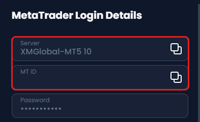 หน้าจอ MetaTrader Login Details ของ XM กรอบสีแดงคือช่อง Server XMGlobal-MT5 10 และ MT ID (ซ่อน MT ID ไว้)