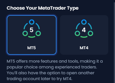 หน้าจอ Choose Your MetaTrader Type ของ XM มีการ์ด MT5 และ MT4