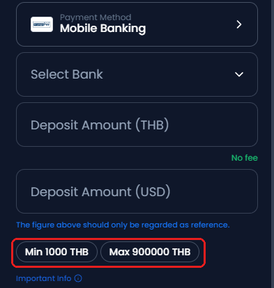 แบบฟอร์มฝากเงิน Mobile Banking ของ XM มีช่อง Select Bank ช่องจำนวนเงิน 2 ช่อง No fee และกรอบสีแดงที่ขั้นต่ำและยอดสูงสุดใต้ช่องจำนวนเงิน