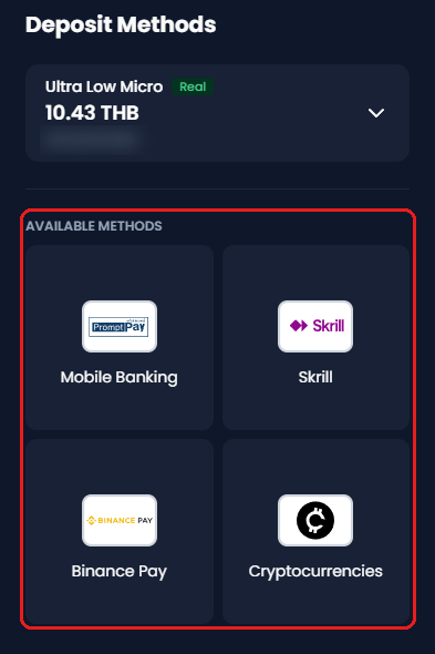 หน้าจอ Deposit Methods ของ XM กรอบสีแดงคือส่วน Available Methods ได้แก่ Mobile Banking พร้อมโลโก้ PromptPay, Skrill, Binance Pay และ Cryptocurrencies