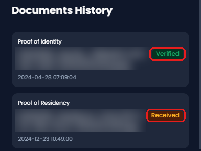 XM Documents History with one document marked Verified and one marked Received, both framed in red, the file names hidden