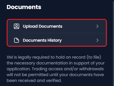 XM Documents screen with Upload Documents and Documents History framed in red
