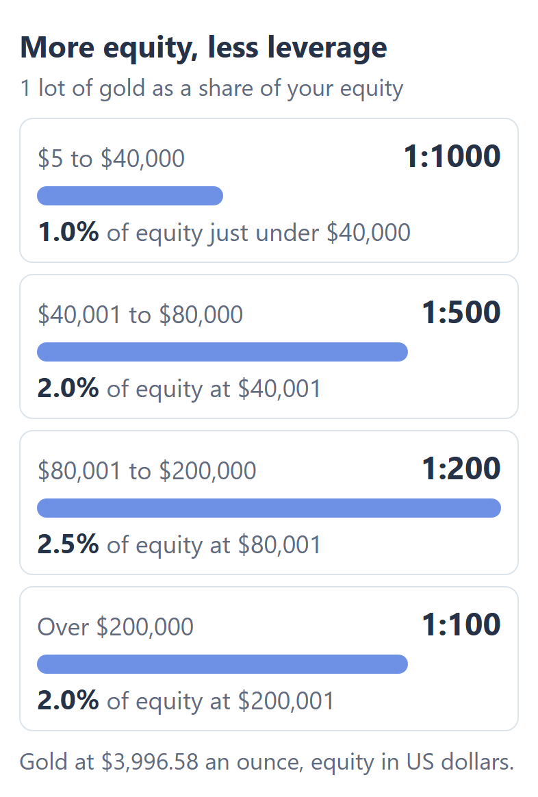 XM maximum leverage by equity, with 1 lot of gold as a share of equity: $5 to $40,000 1:1000 (1.0% just under $40,000), $40,001 to $80,000 1:500 (2.0%), $80,001 to $200,000 1:200 (2.5%), over $200,000 1:100 (2.0%)