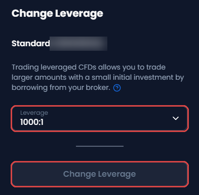 XM Change Leverage screen: the Leverage box at 1000:1 and the Change Leverage button at the bottom, both framed in red