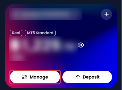 XM Members Area on a phone: the account card on Home, with the Manage button framed in red