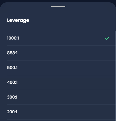 XM Leverage list from 1000:1 down, with 1000:1 ticked