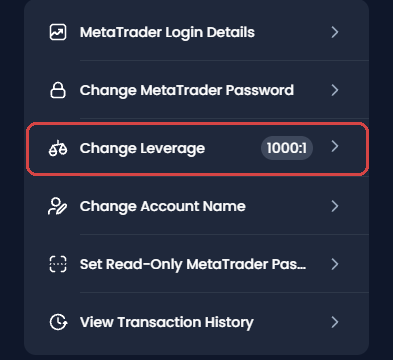 XM Manage list with Change Leverage and the current leverage 1000:1 framed in red