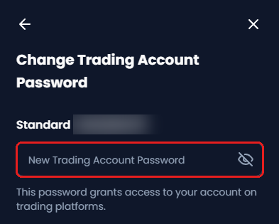 XM Change Trading Account Password screen with the New Trading Account Password box framed in red