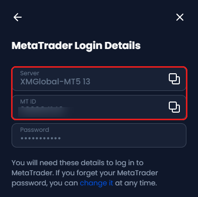 XM MetaTrader Login Details screen with the Server XMGlobal-MT5 13 and the MT ID boxes framed in red, the MT ID hidden