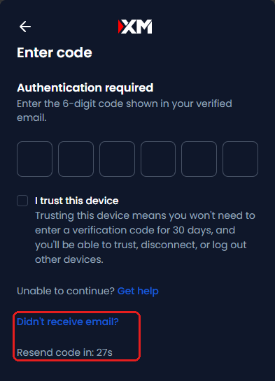 XM Enter code screen with six boxes for the code, I trust this device, and Didn't receive email? with the resend timer framed in red