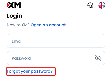 XM login page with the Email and Password boxes, and the Forgot your password? link framed in red