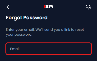 XM Forgot Password screen with the Email box framed in red