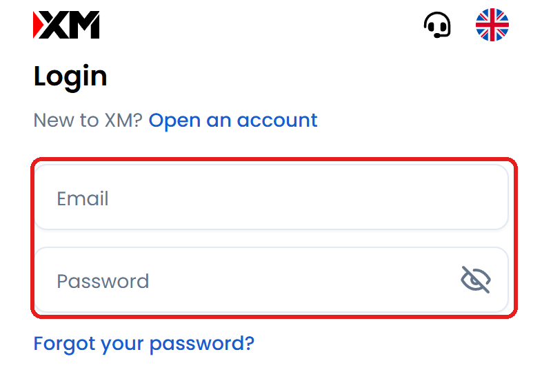 หน้าเข้าสู่ระบบพื้นที่สมาชิก XM โดยกรอบสีแดงแสดงช่อง Email และ Password